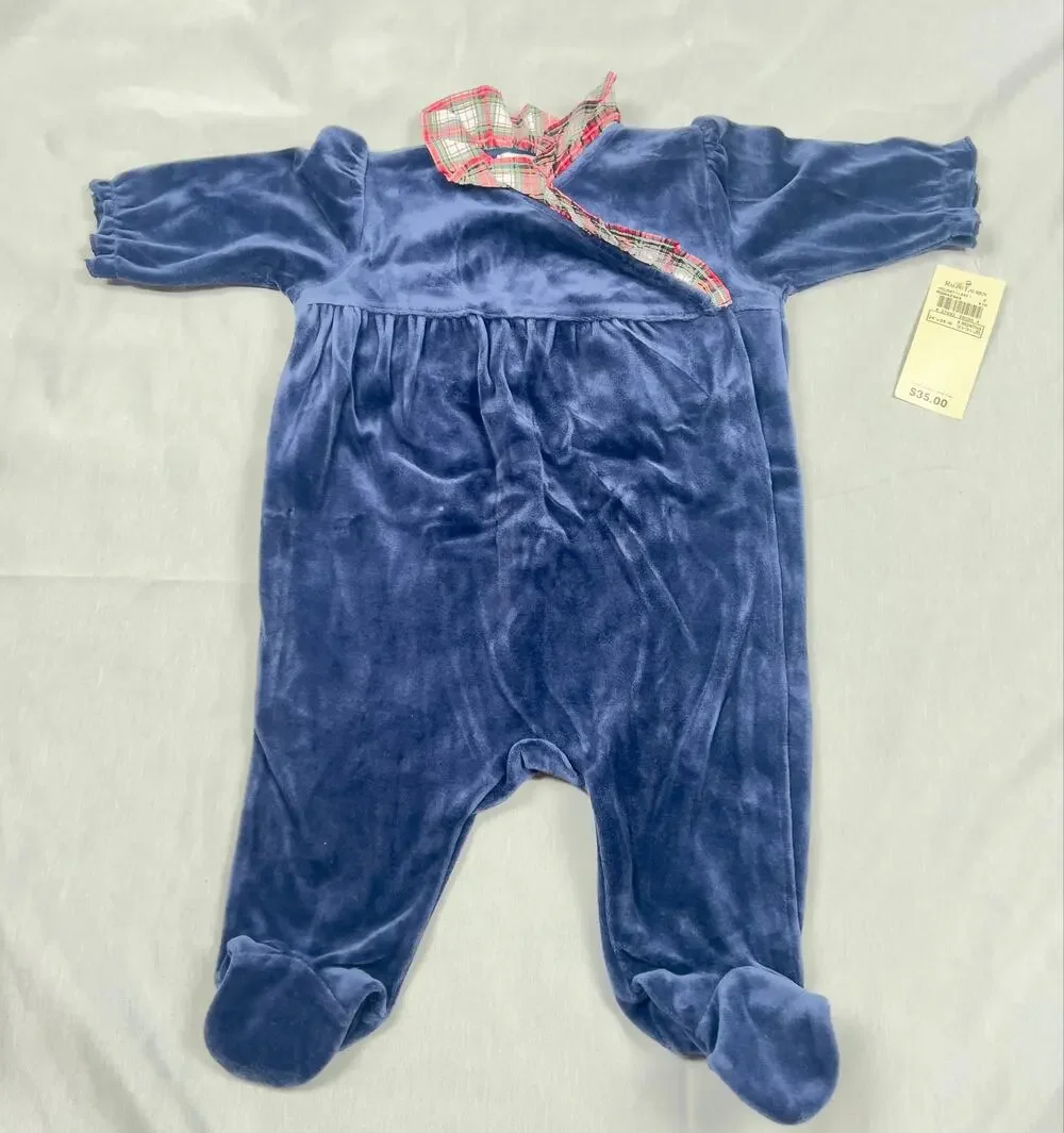 Vintage Ralph Lauren Baby 6M Navy Velour Footed Sleeper Plaid Holiday NWT Y2K